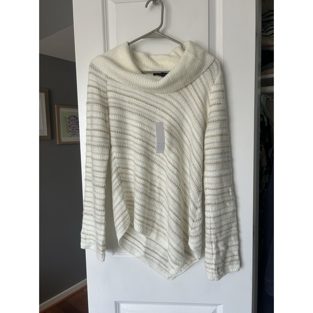 NWT White House Black Market Cowl Neck Sweater Metallic Asymmetrical Hem Size L